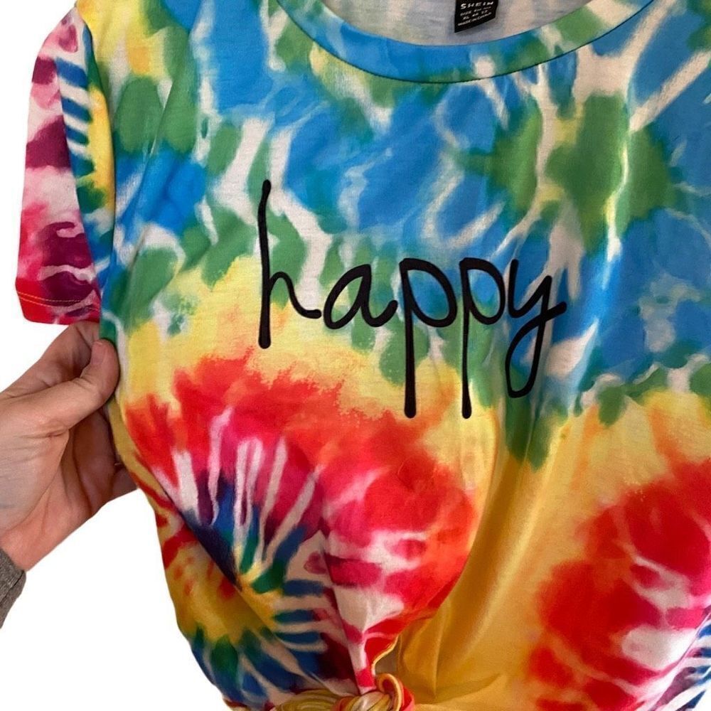 Shein tie dye cropped short sleeve shirt graphic happy XL - Picture 4 of 7